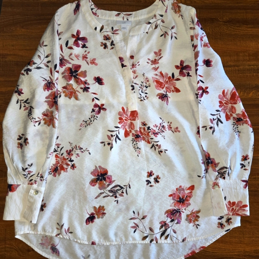 J Jill Women's Long Sleeve  V Neck Floral Blouse Tunic Pullover  Size M